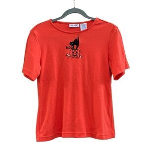 Blair Vintage Womens Embroidered Halloween Orange "Boo" Black Cat Pumkin T Shirt